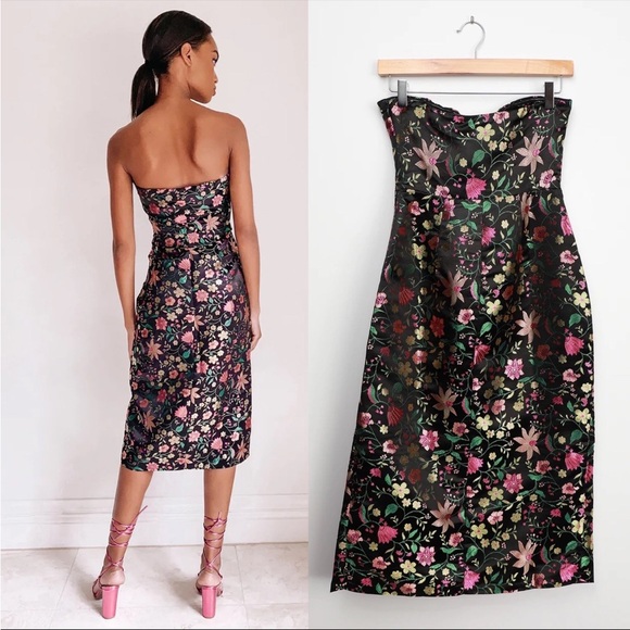 Black Satin and Colorful Floral Embroidered Strapless Midi Dress 🌿 - Picture 3 of 11
